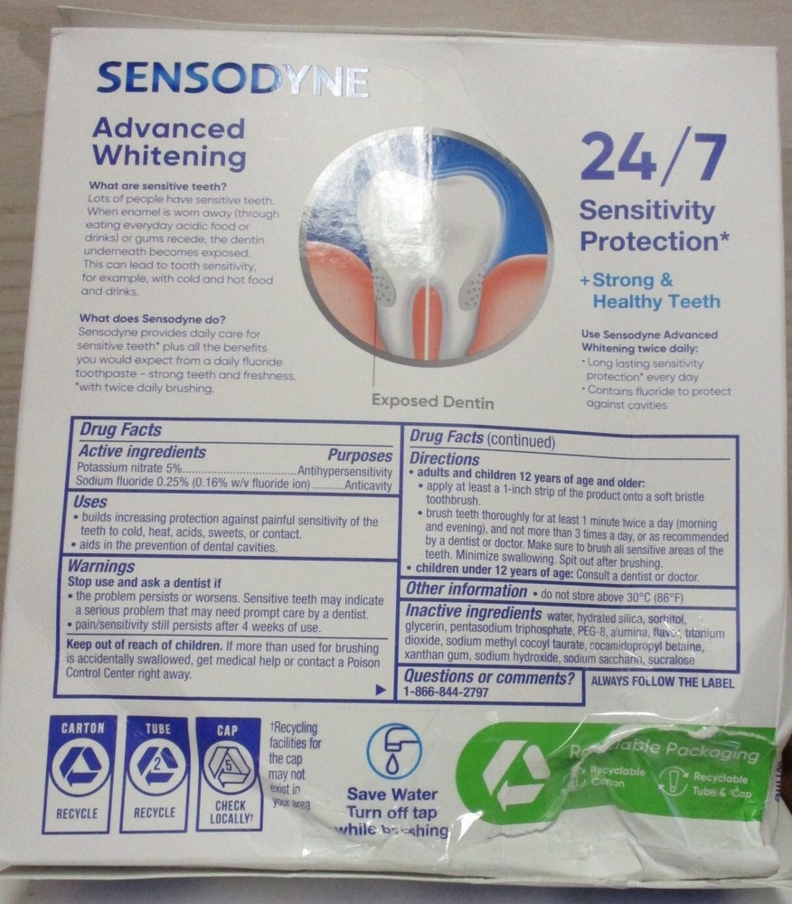 SENSODYNE Advanced Whitening Toothpaste, 6.5 oz, 4-Pack ( scuffed)