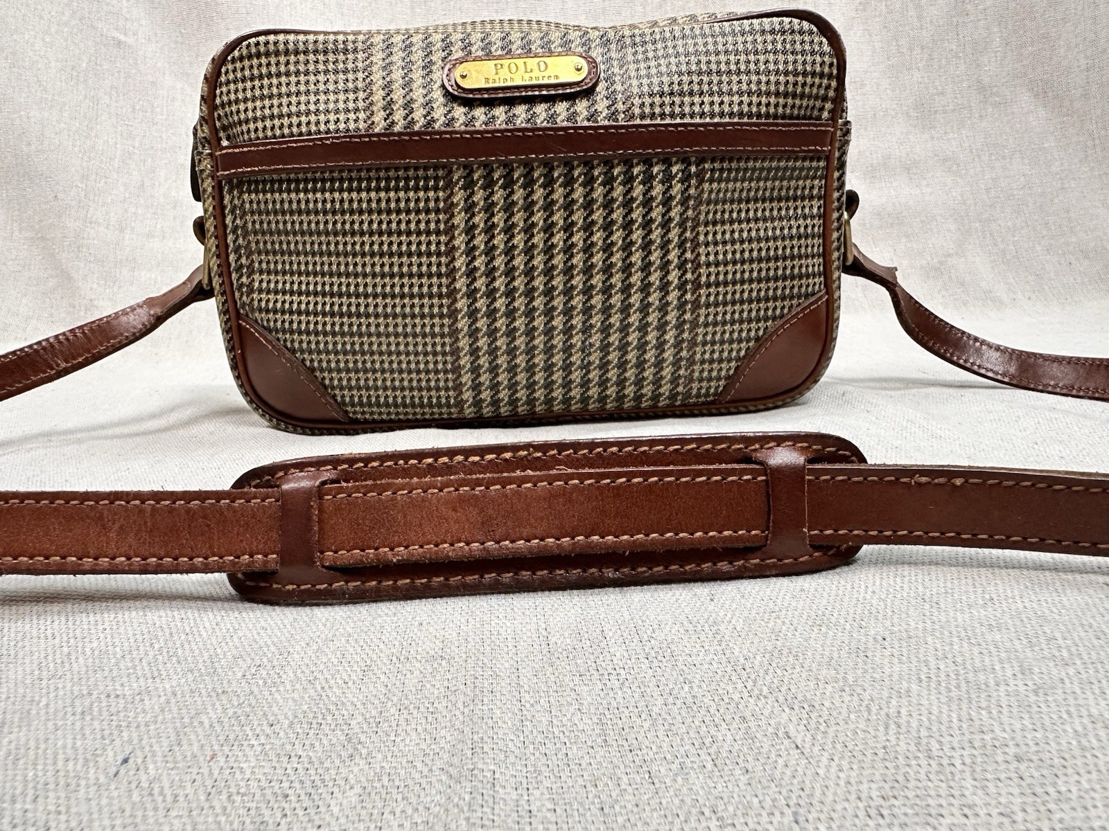 Vintage Polo Ralph Lauren Brown Russell Houndstooth Plaid Bag Leather 90s