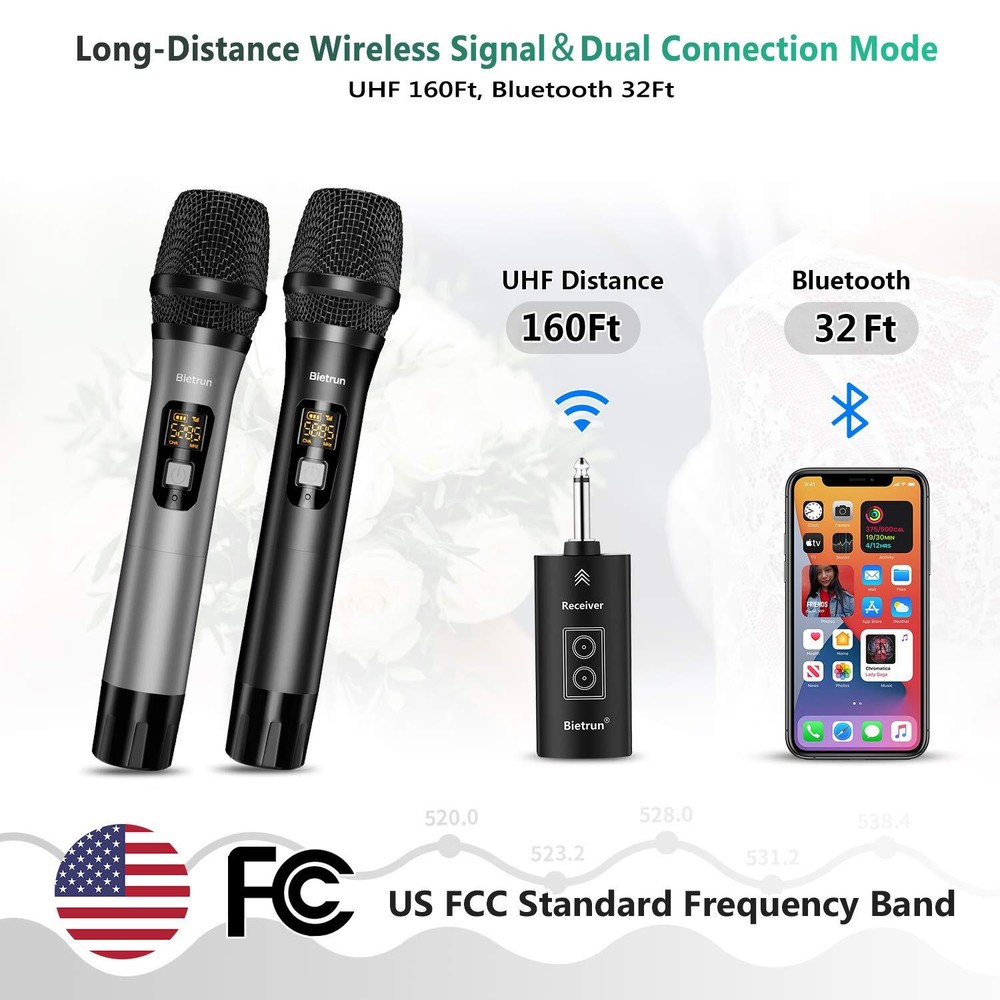 Wireless Microphone with Bluetooth Professional UHF Dual Handheld Dynamic Met...