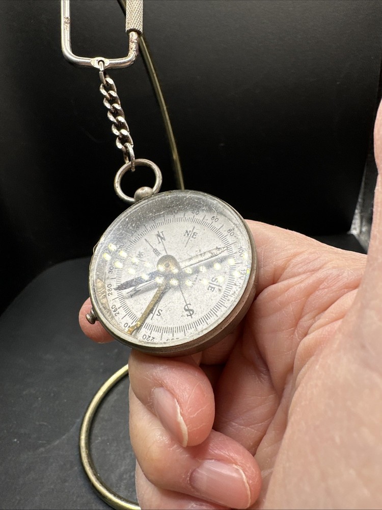 Antique German Silvertone Compass Key Chain