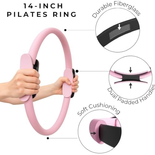 Premium Pilates Essentials Kit - 14" Ring with Cushioned Handles, Mini Rosè