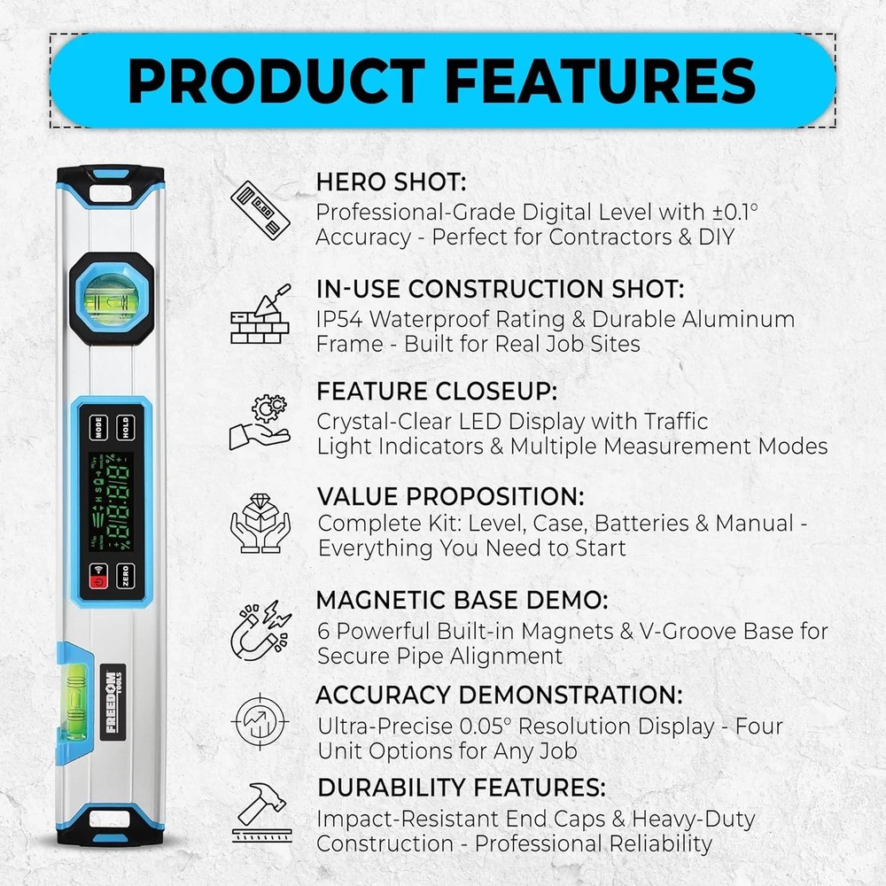 Freedom Tools 15.7" Digital Level LED Display - Professional Electronic Level