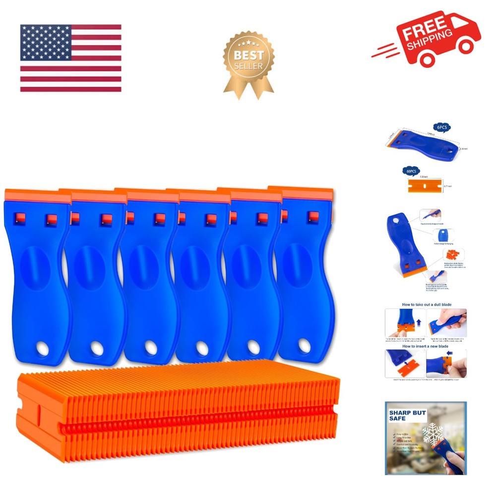 Plastic Razor Blade Scraper Tool, 6 Pcs Razor Scraper with 60 Pcs Plastic Bla...