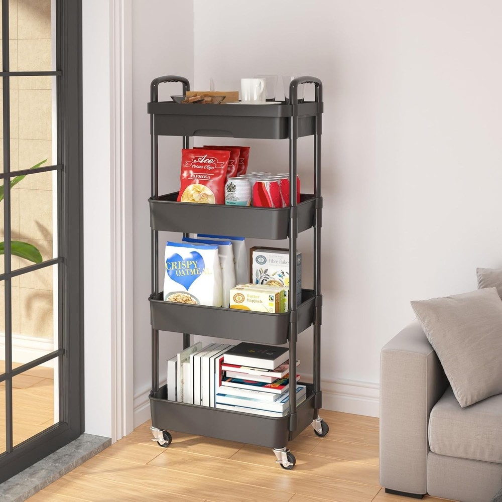 Adjustable 4-Tier Rolling Cart - Effortless Storage Solution with Chic Design
