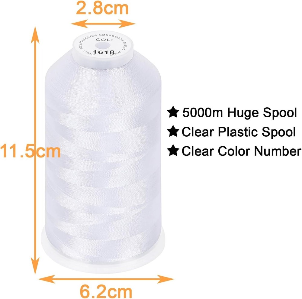 Versatile Single Huge Spool - 5000M 40WT Snow White Polyester Embroidery Thread