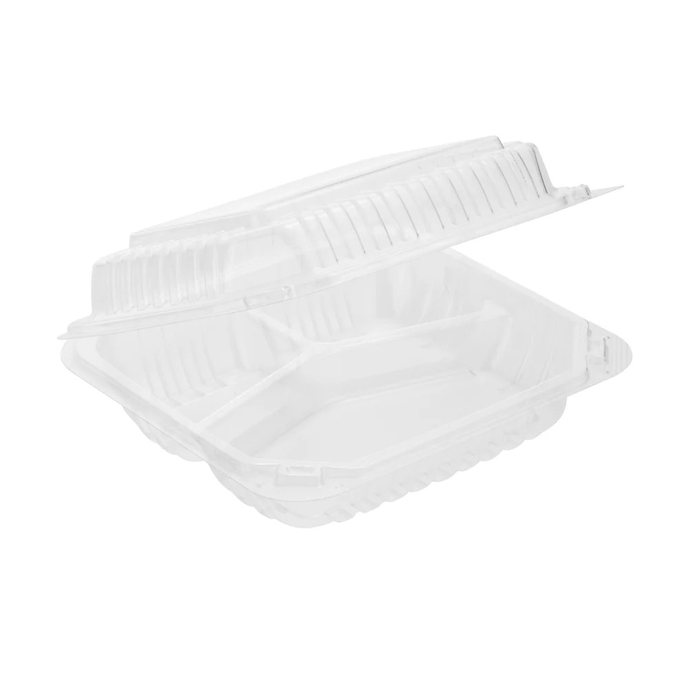 PP Hinged Container 8"x8", 3 Compartment, Translucent, Vented, 150pc (150/1)