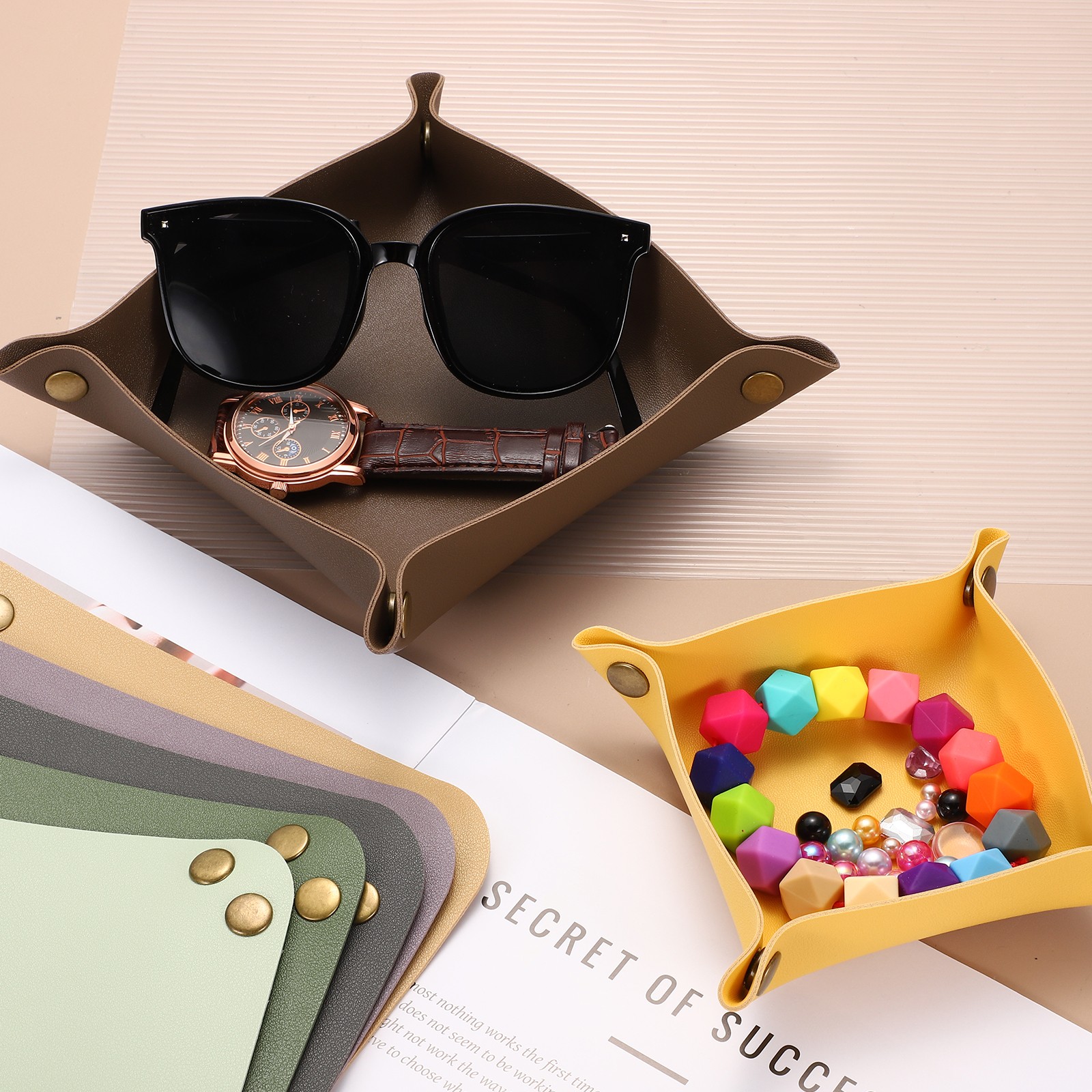 2 Pcs PU Leather Jewelry Tray(Square, Dark Red)