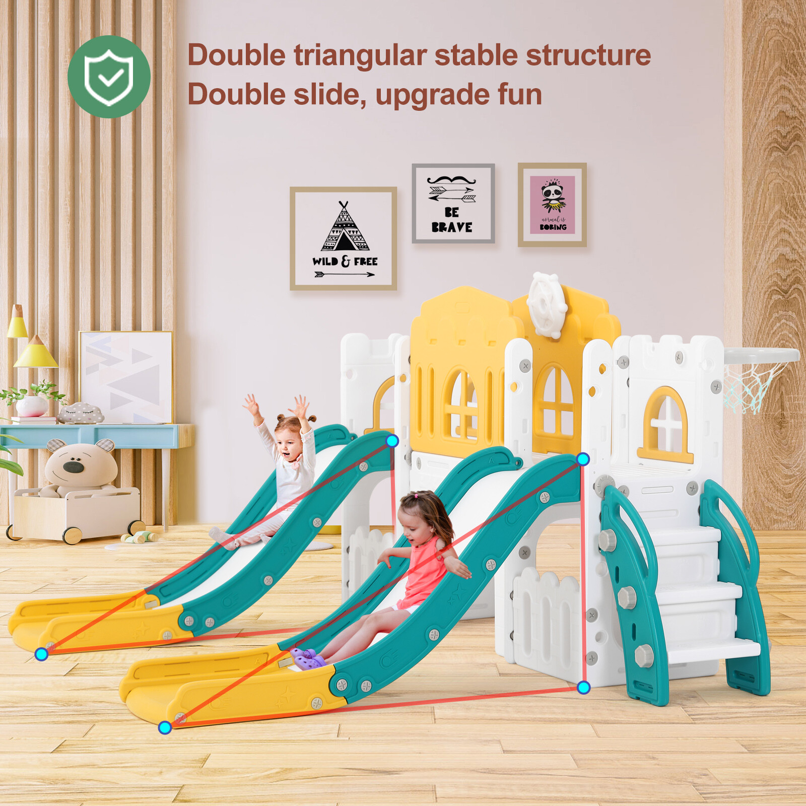 New 9in1 Kids Double Slide Toddler Playground Climb Playset Indoor/Outdoor Toys