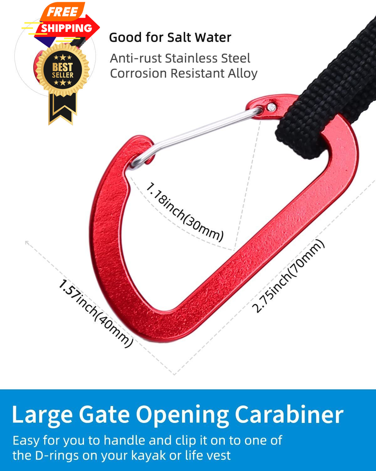 OCEANBROAD Kayak Paddle Leash with D-Ring Stretchable 4-7ft (2 pcs), Black