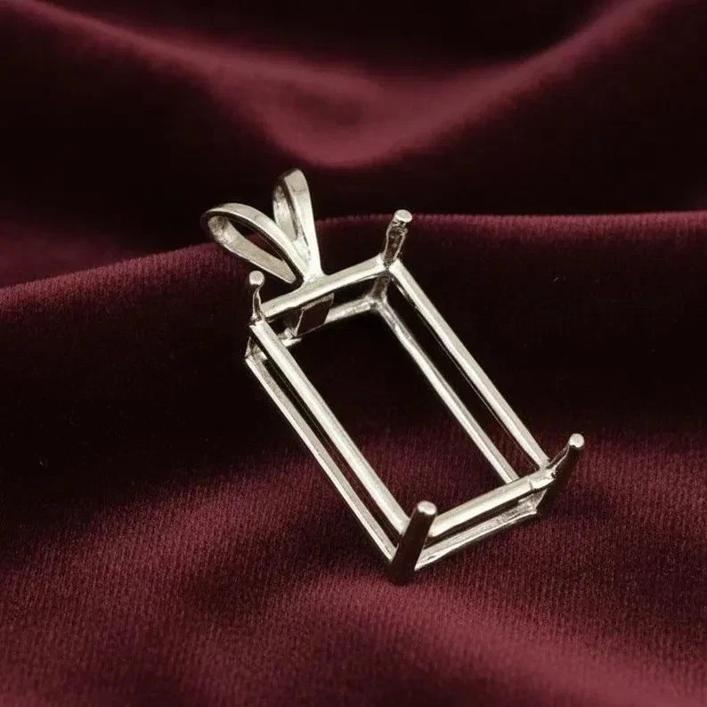 925 Sterling Silver Emerald Cut Mount Rectangular 4-Prong Setting Pendant