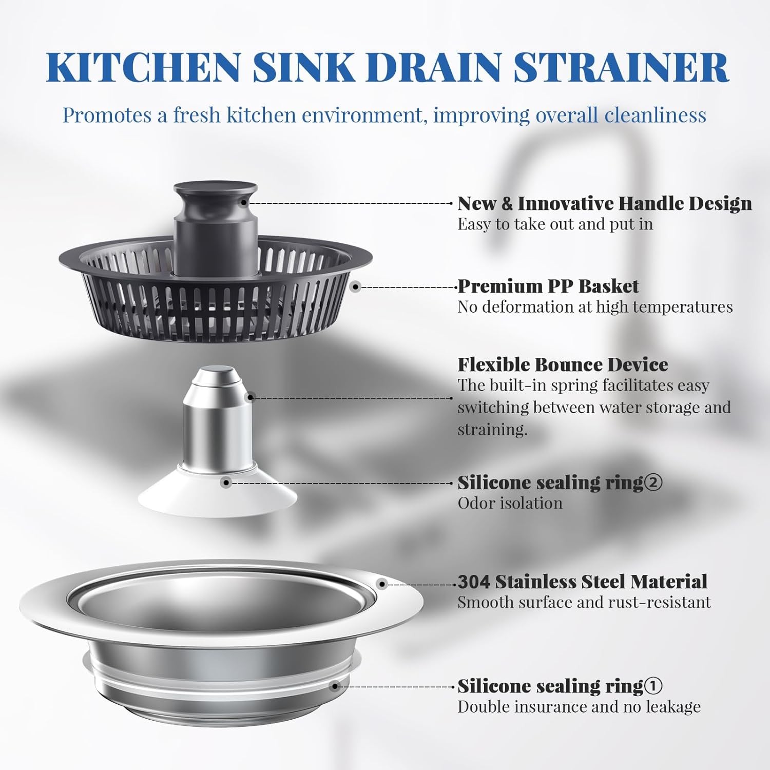 3in1 Kitchen Sink Drain Strainer & Sink Stopper,304 Stainless Sink Drain Stopper
