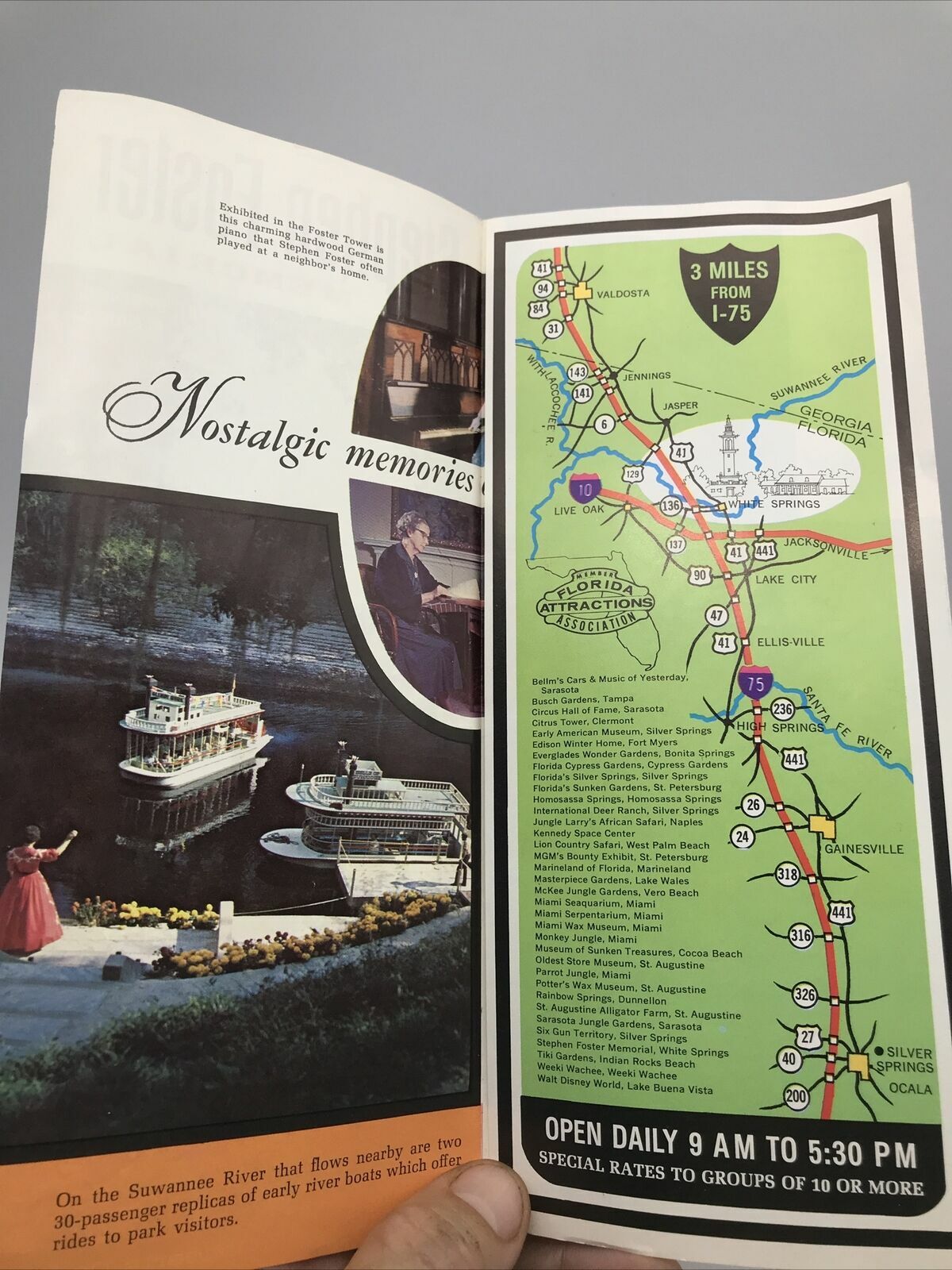 1975 STEPHEN FOSTER MEMORIAL WHITE SPRINGS FLORIDA Travel Guide Brochure and Map