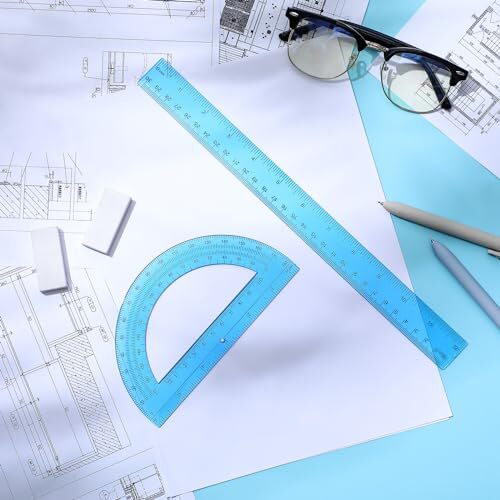 2 Pack 12 Inch Plastic Ruler and 6 Inch Plastic Protractor Set Clear Math Blue