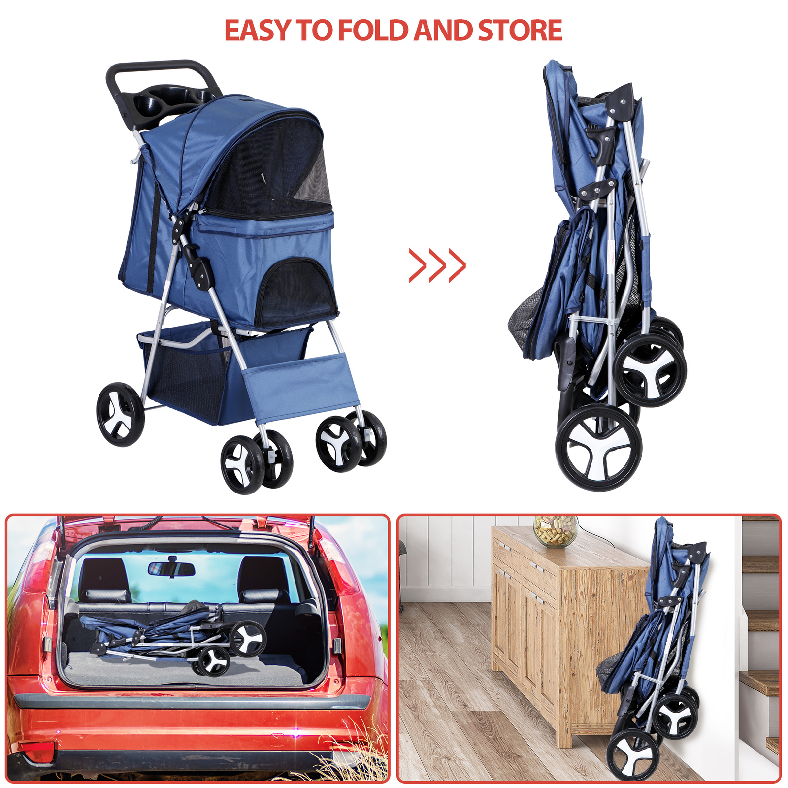 4 Wheels Blue Pet Stroller with Cup Holder, Breathable Mesh for S/M Dog Cat