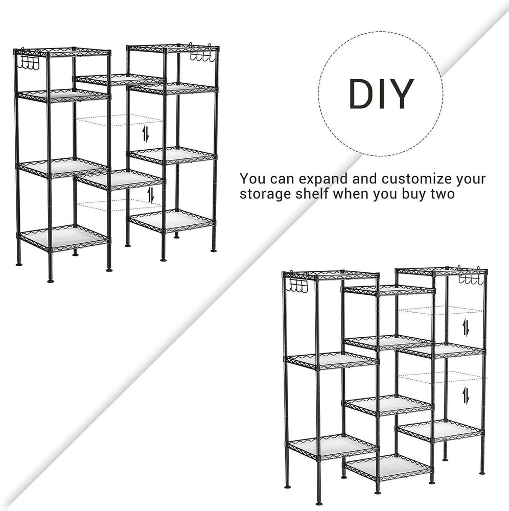 Bathroom Shelf Storage Rack W/ 5 PP Sheets Removable Hooks Extendable Black New