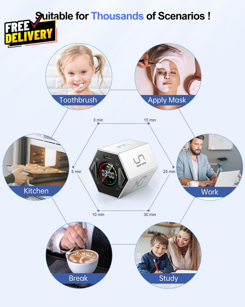 Ticktime Pomodoro Timer Cube Hexagon Productivity Timer Pause & Resume Silent...
