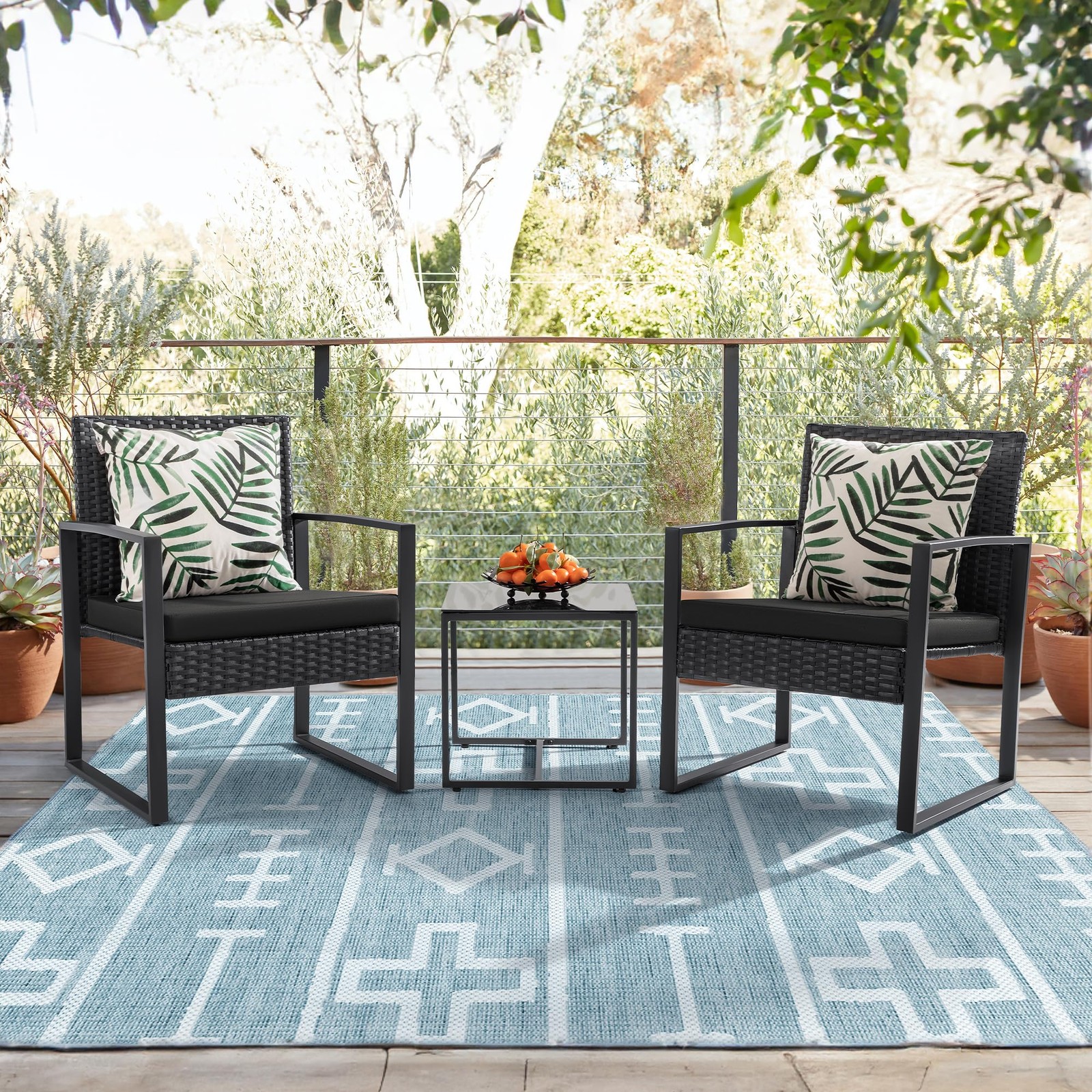 Patio Set Outdoor Wicker Furniture, Modern Bistro Set with Rattan Chair (Blue)