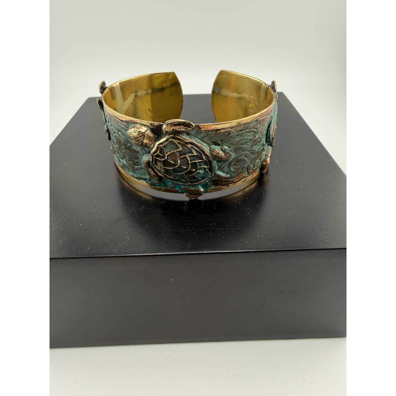 Elaine Coyne Verdigris Patina Brass Three Turtle Cuff Bracelet