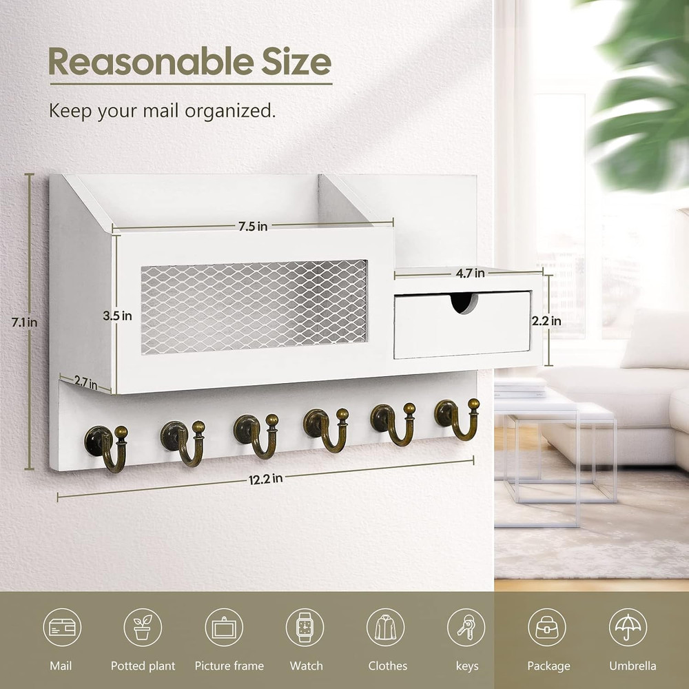 Key Mail Holder Wall Organizer With Hooks Drawer Rustic Entryway Storage White