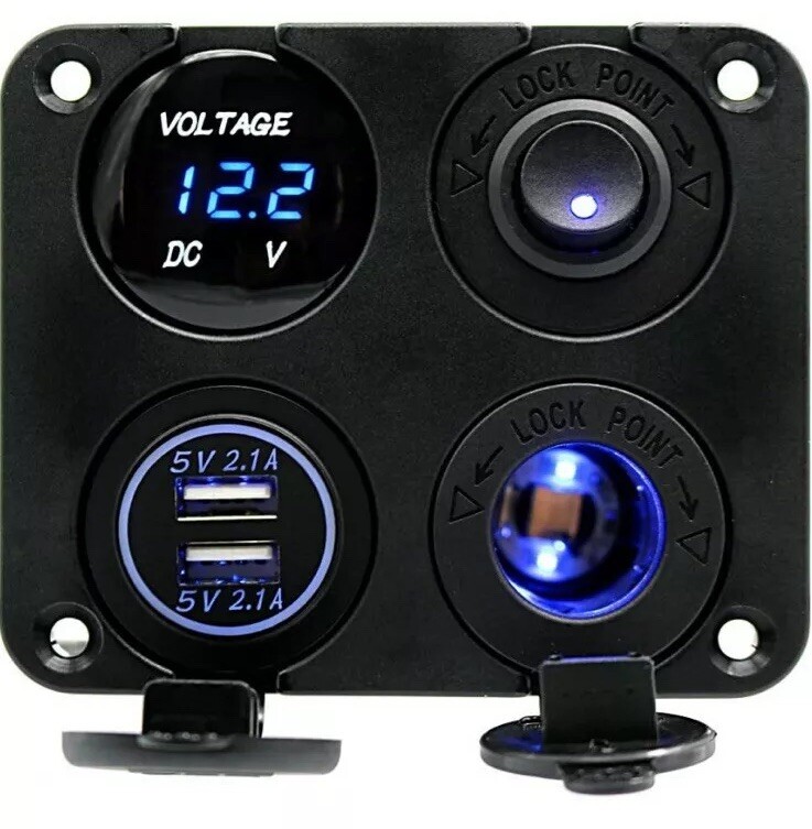 Blue LED Switch Panel Kit Dual USB Car Charger+Voltmeter+12V Power Socket+On-Off
