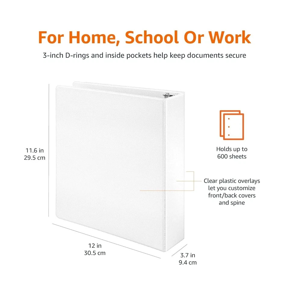 Amazon Basics 3 Ring Binders, 3 Inch, 2 Pack, D-Ring Organizer for School, Home