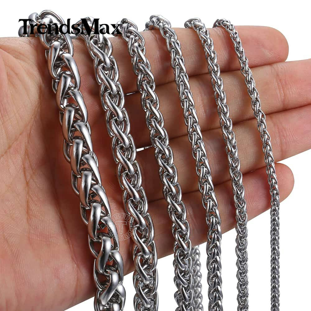 3/4/5/6/8MM Mens Silver Stainless Steel Necklace Wheat Braided Chain 18-30" Gift