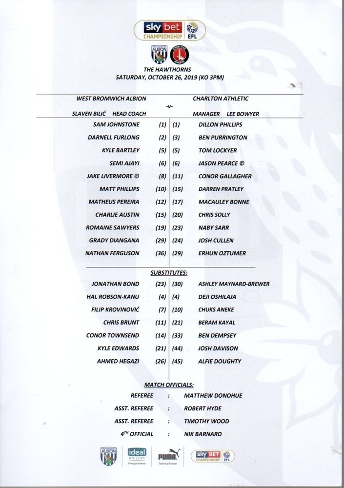 Team Sheet - West Brom v Charlton Athletic 26.10.2019