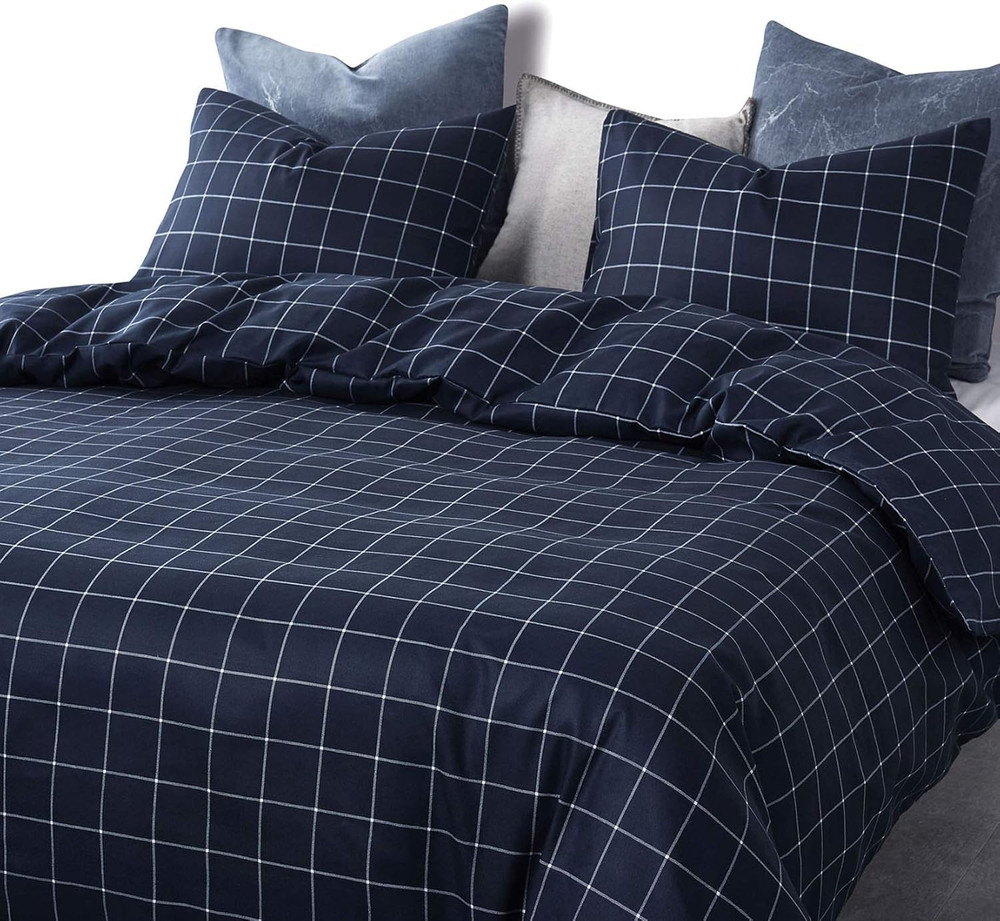 - Grid Comforter Set, Preppy Geometric Plaid Checkered Modern Pattern Printed, S