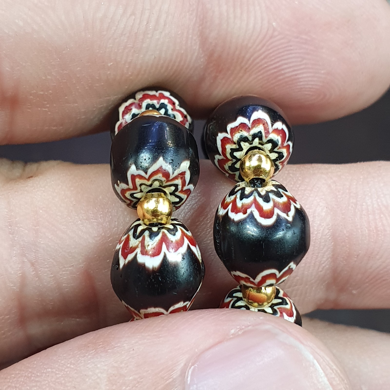 Vintage Venetian Style beads Old African black Glass Chevron Beads Long Strand