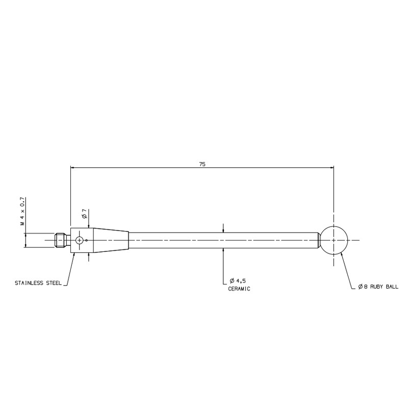 CMM Probe M4 Thread 8mm Ruby Ball Point Ceramic Stem 75mm Length for A-5003-4802