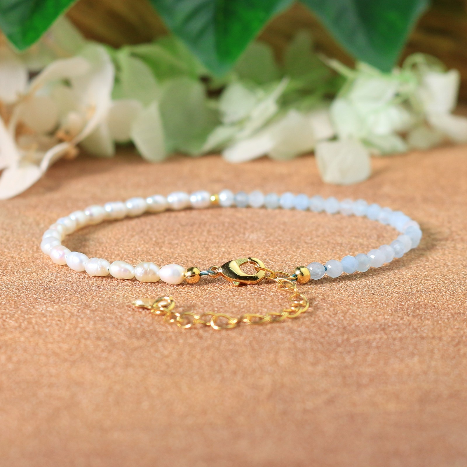 Natural Aquamarine Pearl Tiny Bead Minimalist Reiki Bracelet