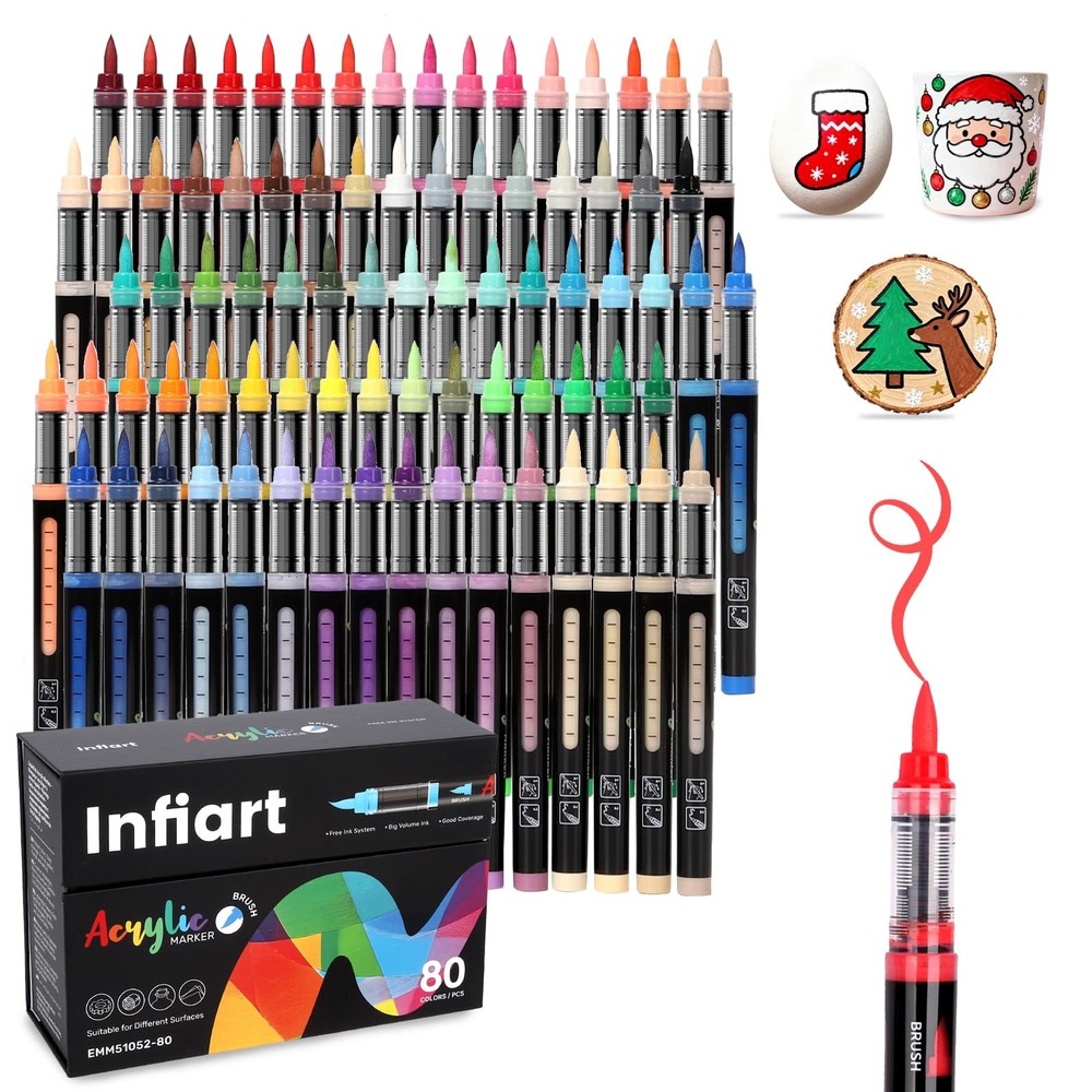 Infiart 80 Colors Acrylic Paint Markers Brush Tip, Automatic Ink Control Acry...