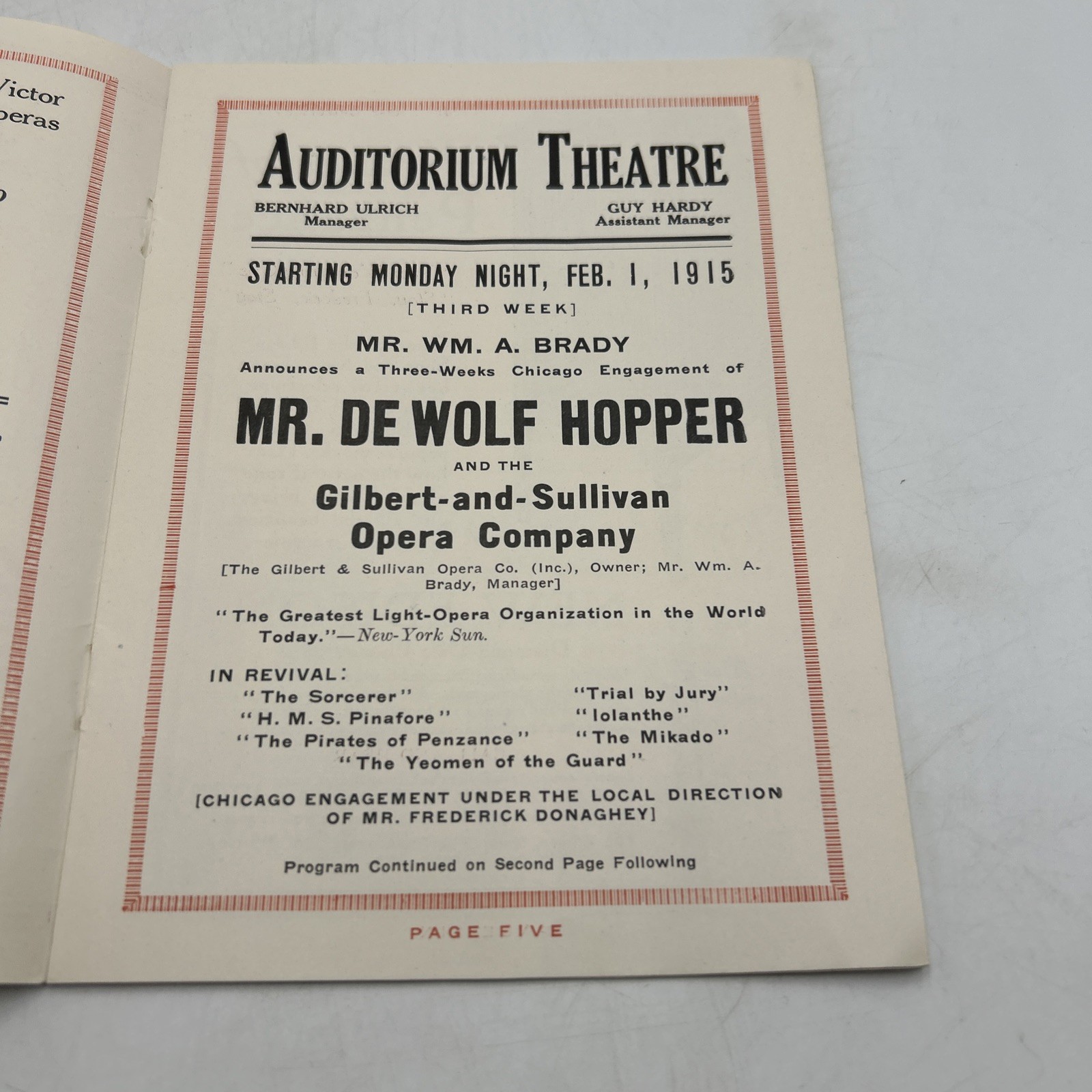 Vintage 1915 Auditorium Theatre Chicago Grand Opera