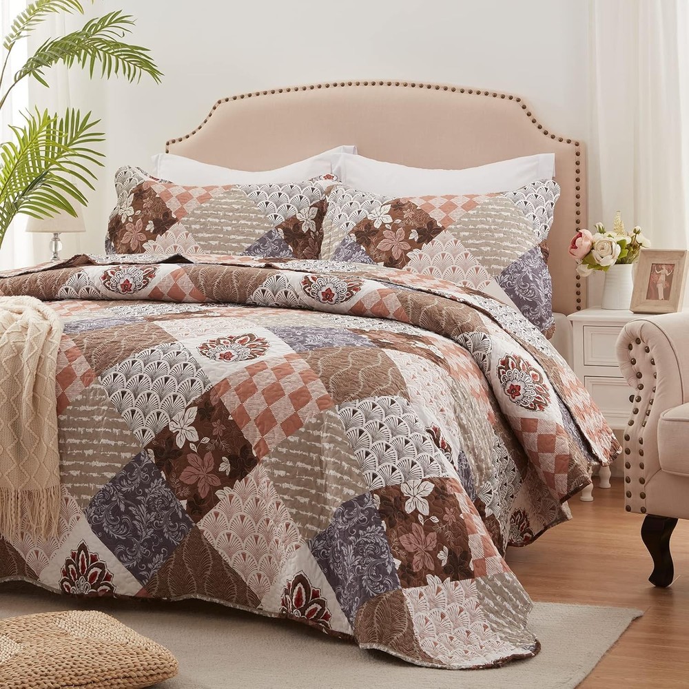 Full/Queen Size Quilt Set 3 Pieces (90''x98''), Brown-patchwork