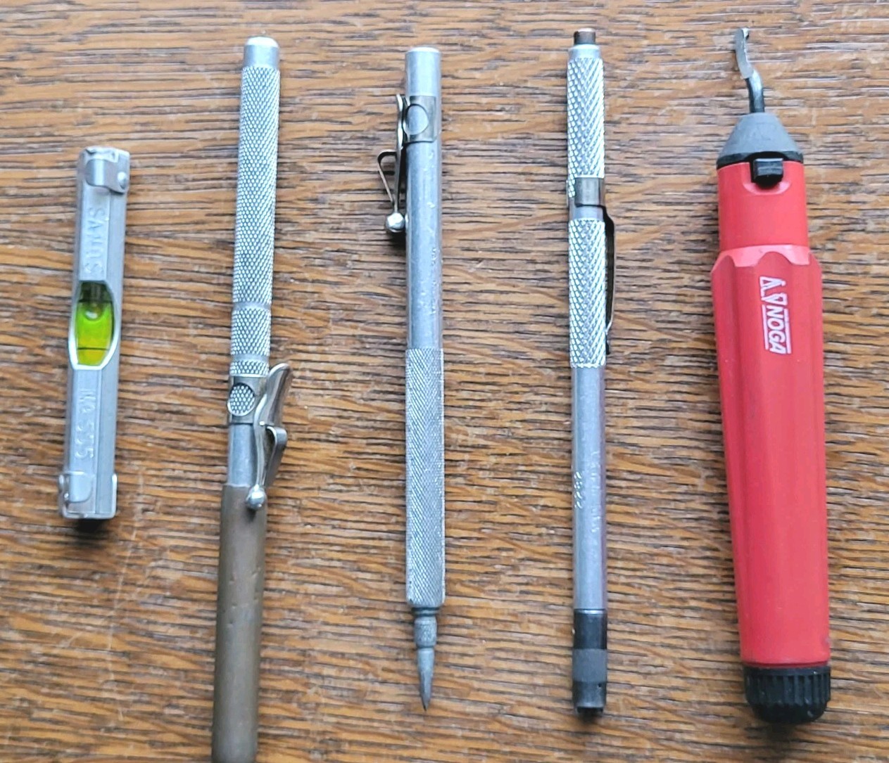 (5) Pocket Tools- Scriber, Magnetic, Screw Tool, Sands No. 555 Level, Deburring