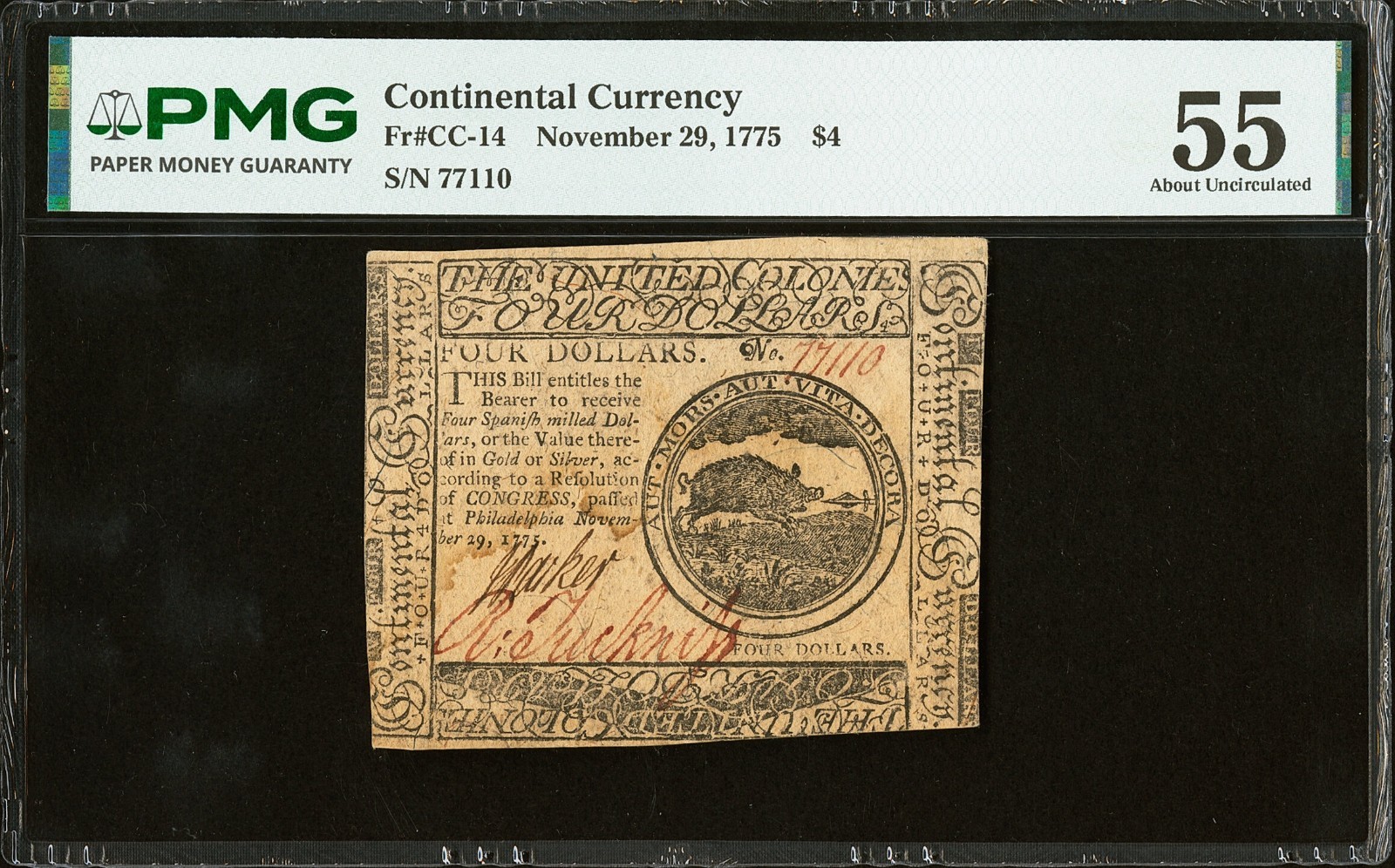 CC-14, November 29, 1775, $4 Continental Currency, PMG 55 Comments