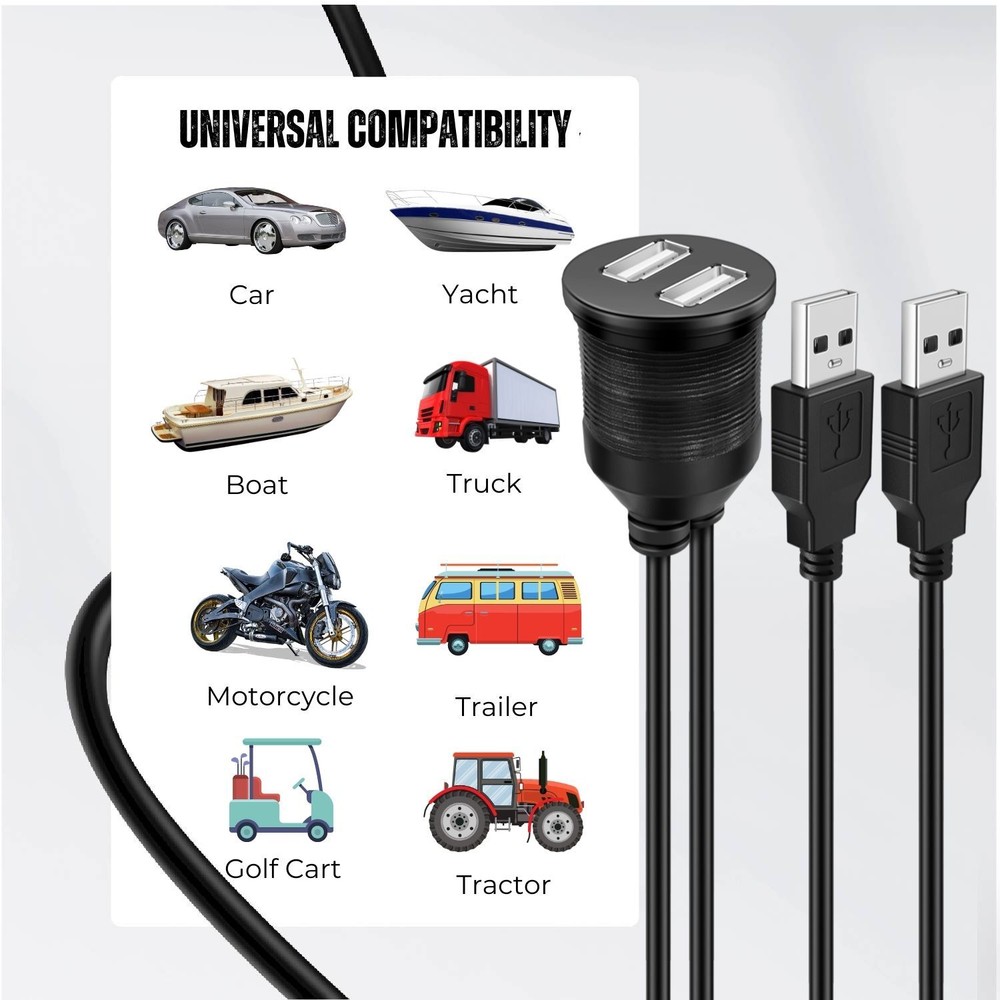 USB Flush Mount Cable - Dashboard Panel Dash Mount 2 Ports USB Socket (1M / 3FT)
