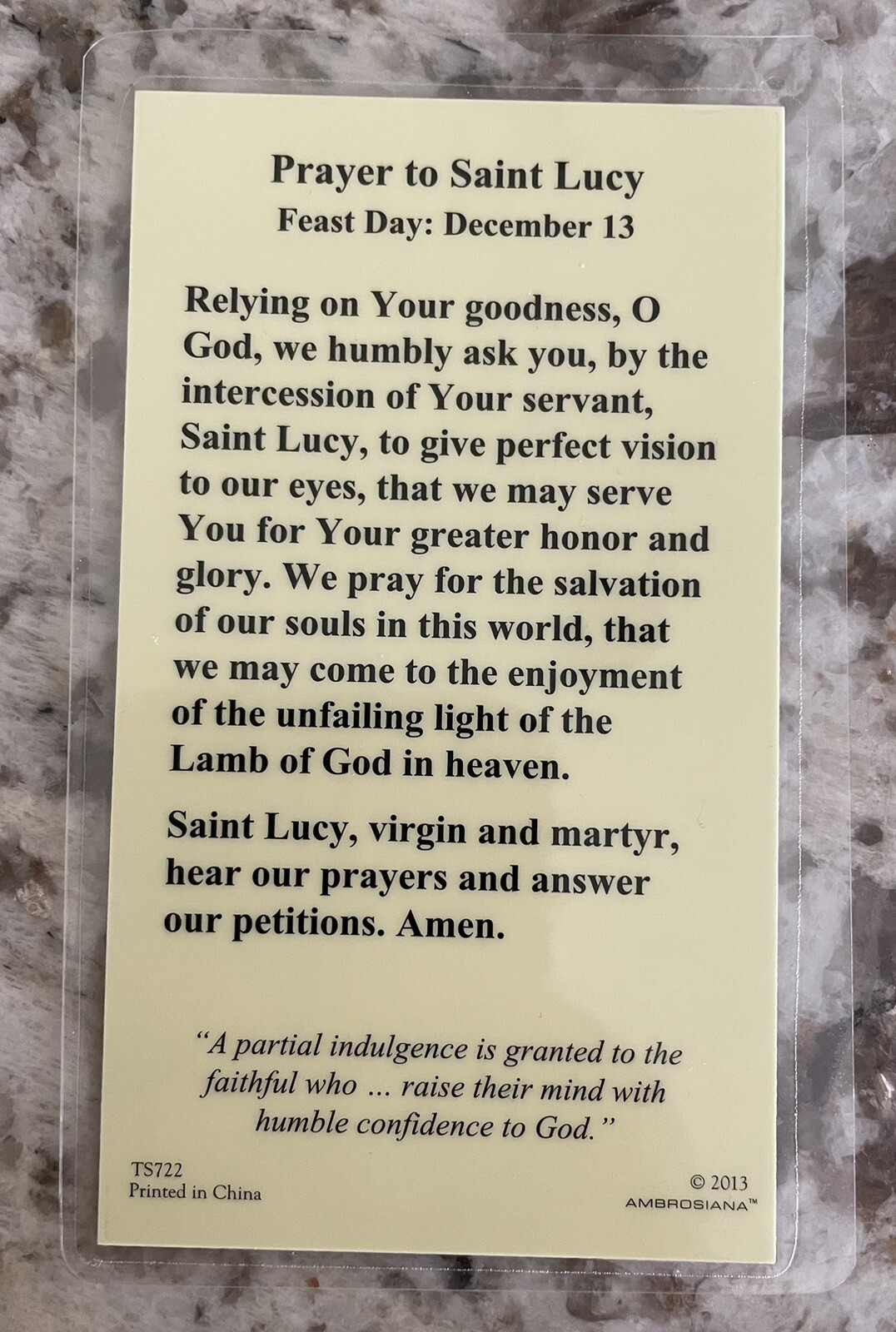 Prayer to Saint Lucy Laminated Holy Card