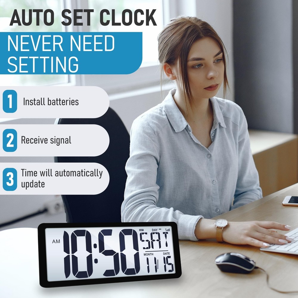 TXL Atomic Clock with Backlight, 14.2" Large Digital Wall Clock Battery Opera...
