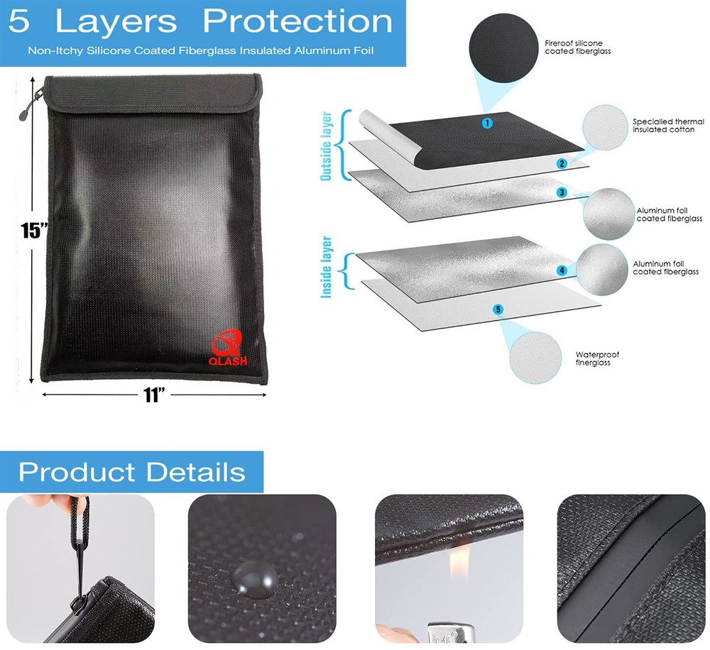 Extra Large 2000℉ Fire Proof money Bag Fireproof Document Pouch Waterproof Safe