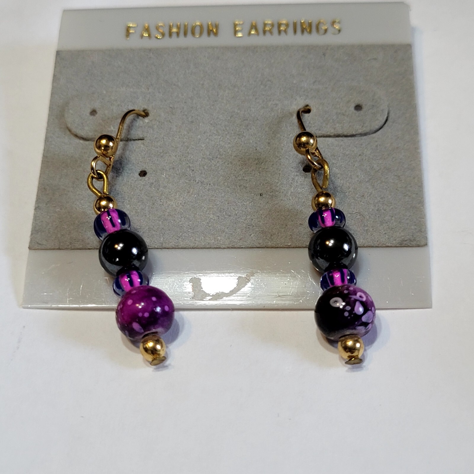 Goldtone Purple, Black, And Gold Beaded Pierced Hook Earrings