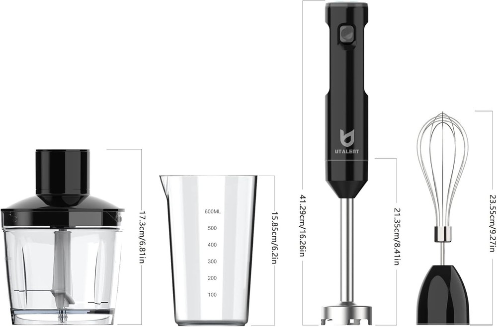 Portable Immersion Blender, Cordless, Variable Speed, 500ml Chopper, 600ml Cup