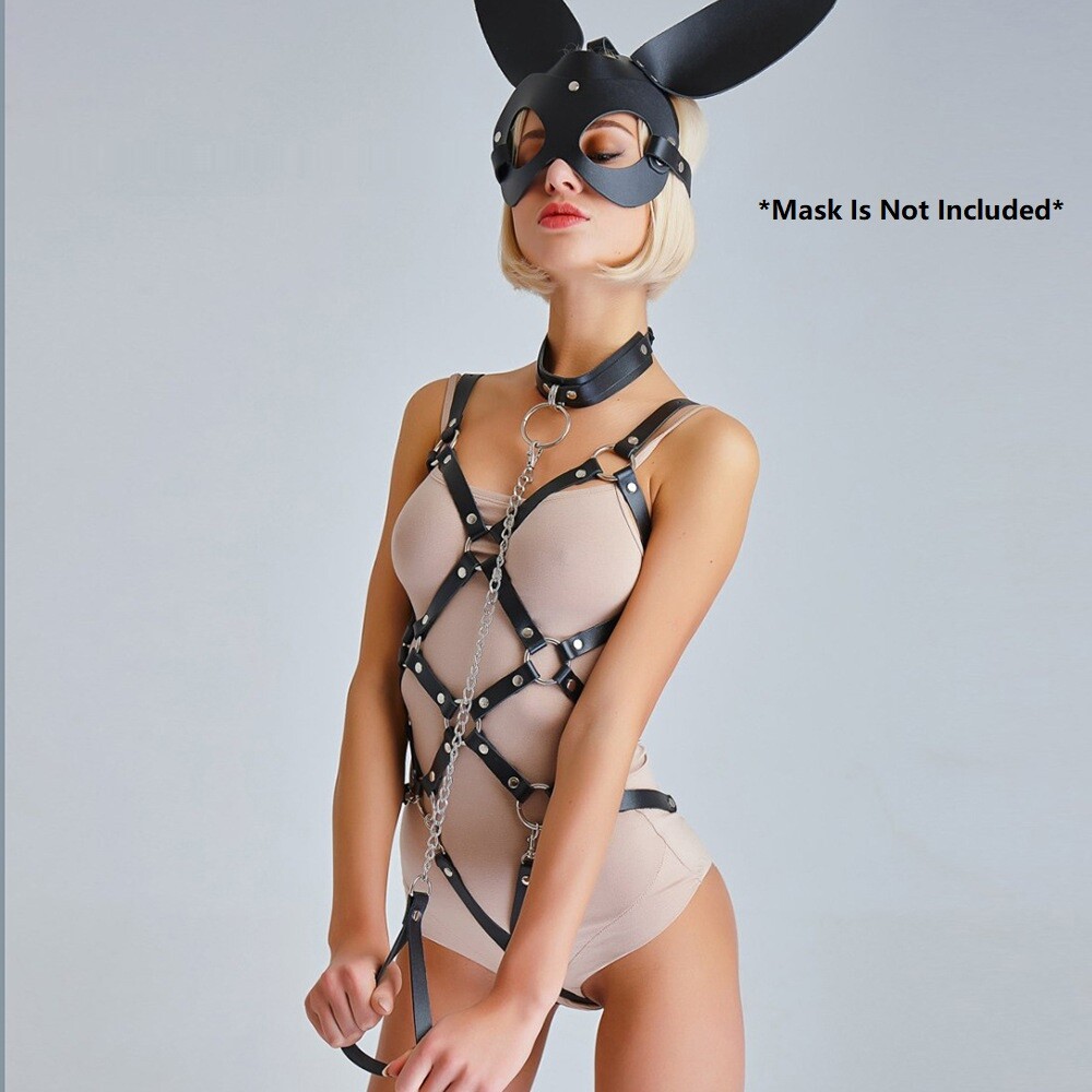 Women Leather Lingerie Bondage Harness Body Chain w/Choker Collar Garter Strap