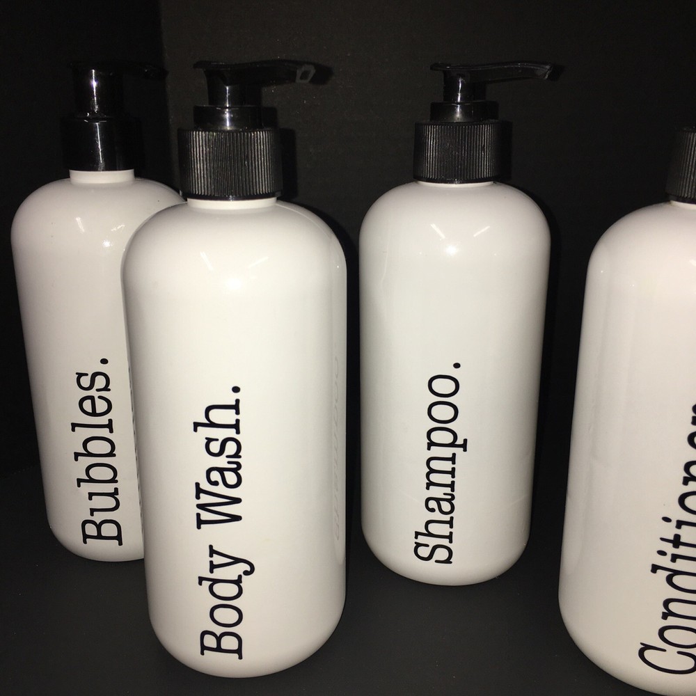 Apothecary Empty White Plastic Bottles with Black Graphics,Pump 16 Oz