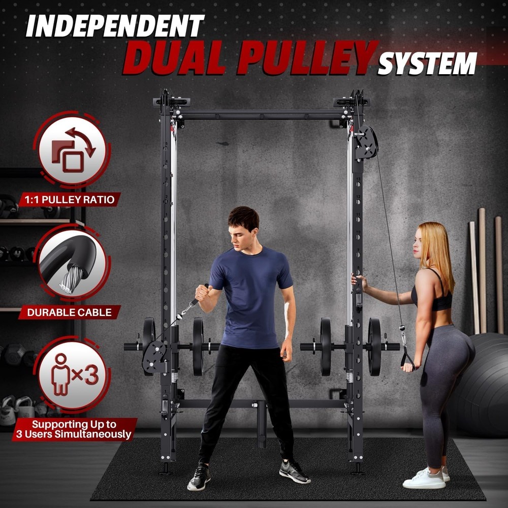 Folding Power Rack, Wall Mounted Squat Rack with Cable Crossover Machine & LA...