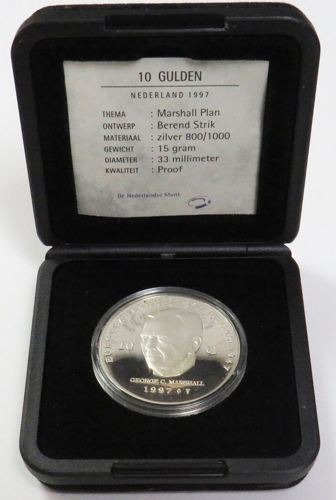 1997 SILVER NETHERLANDS 10 GULDEN PROOF MARSHALL PLANBOX COA
