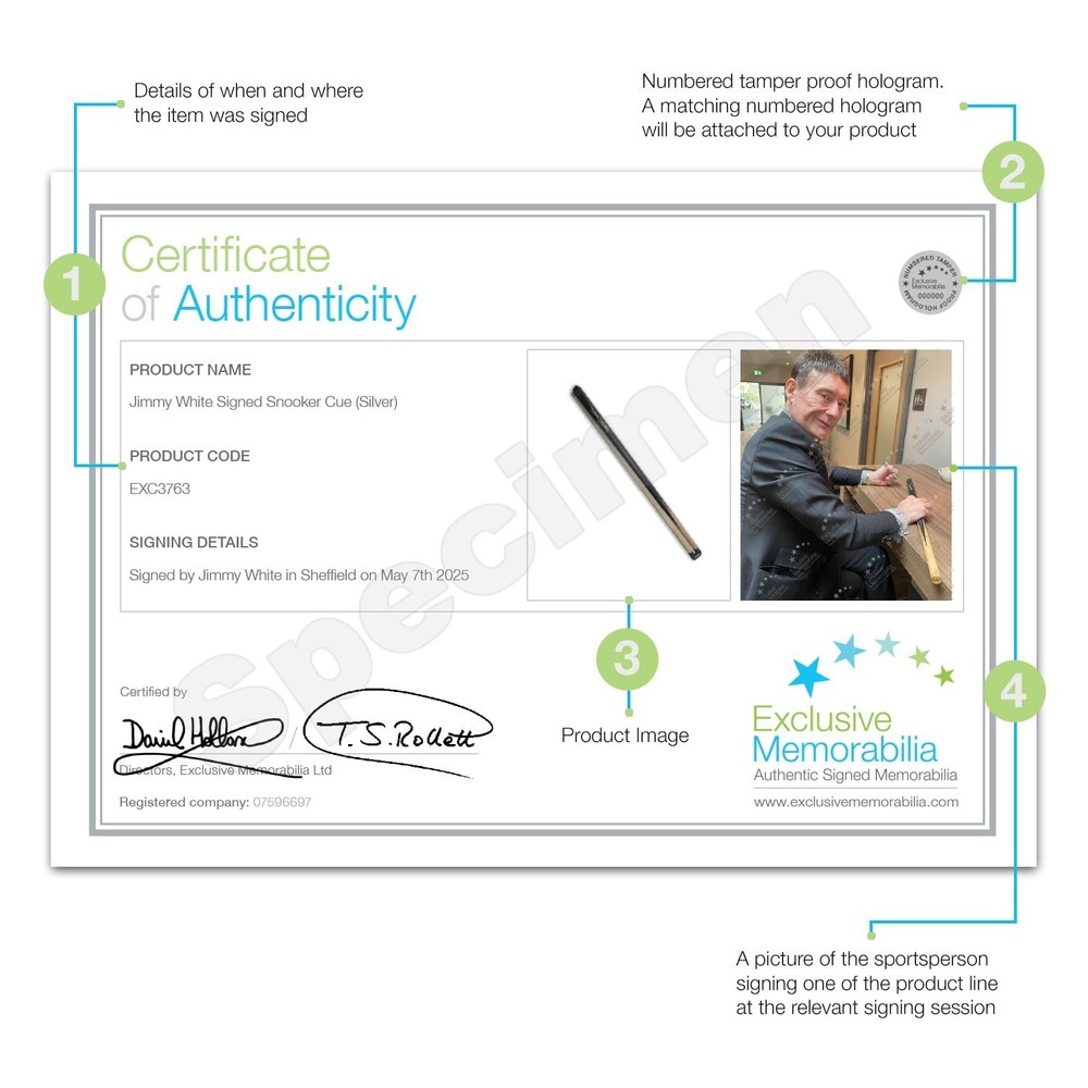 Jimmy White Signed Snooker Cue. Display Case
