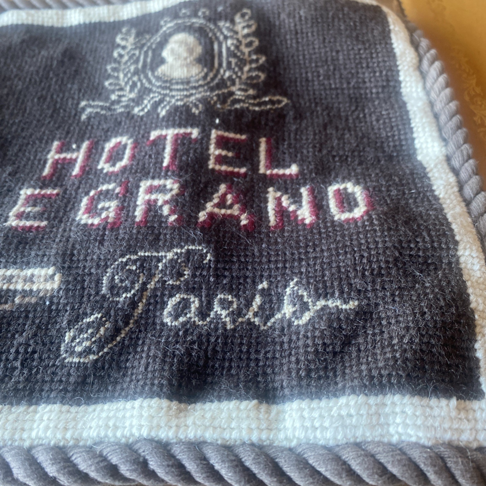 9" x 19" Handmade Black Wool Needlepoint Hotel de Grand Paris Lumbar Pillow Nos