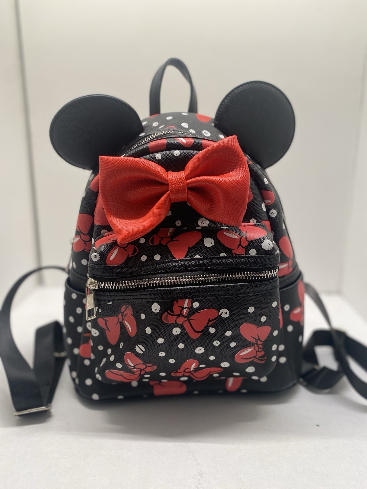 Disney Parks Minnie Mouse Mini Backpack Black Quilted Ears with Red Bow NEW