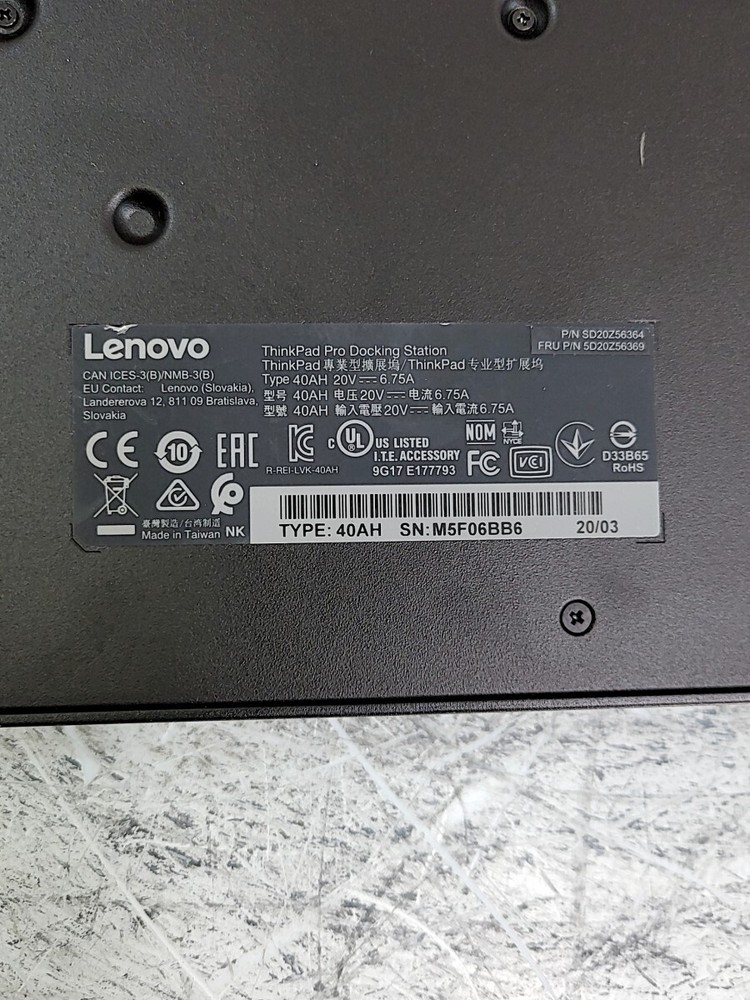 LENOVO 40AJ SD20Z56364 Port Replicator SEE NOTES